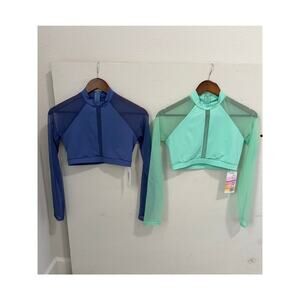 Baltogs Lot of 2 Tops L Womens Mock Neck Long Sleeves Mesh Crop Blue & Green